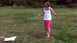 teen babe flashes panties outside, petite and cute