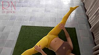 I tease in yellow leggings during yoga workout at the gym