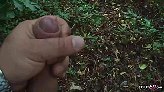 German teen gives blowjob on playground for money.