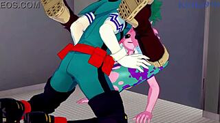 Man, Mina Ashido, Momo Yaoyorozu, and Izuku Midoriya go wild in My Hero Academia hentai!