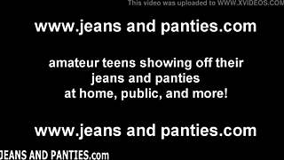 Skinny jeans hugging tight teen body