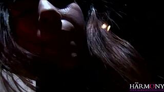 In harmony vision, a young girl with small tits gets fucked anal in a threesome, ending with a cumshot.