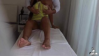 Camera films married latina in short dress touching tantric masseur
