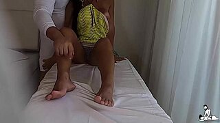 Camera films married latina in short dress touching tantric masseur