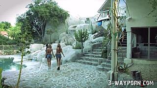 Outdoor threesome with 2 blonde teen 18+