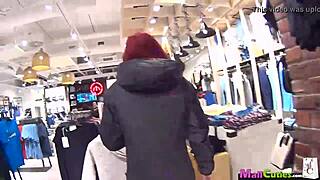 Amateur redhead teen masturbates in public Czech shop.