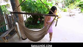 Tiny latina in mini skirt loses chase game and offers her tight pussy as prize