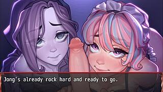 Ghost and maid compete in double blowjob hentai game episode