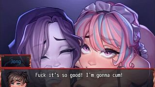 Ghost and maid compete in double blowjob hentai game episode