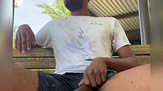 College guy jerks off on campus