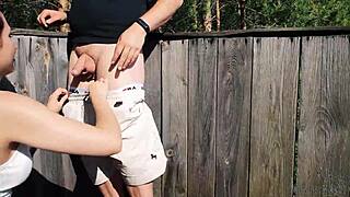 Behind the scenes risky outdoor facefuck with cum in throat. We banged hard at the hunting tower.