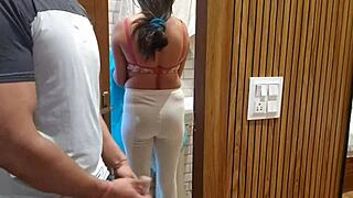 Beautiful college girl gives a blowjob to an engineer who is fixing her TV