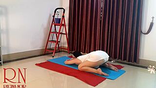 Nude yoga with curvy Regina Noir ripping panties