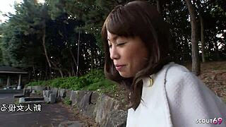 Skinny Japanese teen gives deepthroat blowjob in car casting