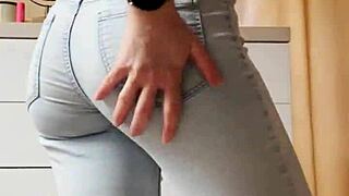 homemade petite blonde rips tight jeans in bold striptease dance