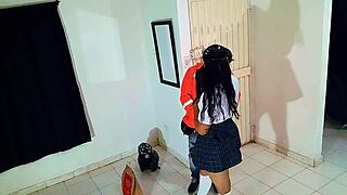 College girl gives delivery guy a sloppy blowjob