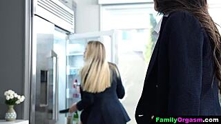 Schoolgirls enjoy kitchen play with big cucumber for orgasm