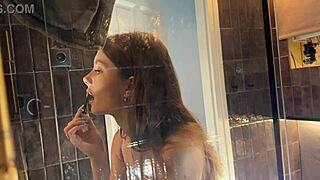 cute petite college cheerleader in bathroom, taking off panties under miniskirt