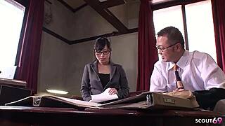 Japanese teen secretary in glasses sucks fat cock of old ugly guy