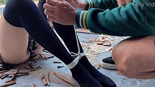 Hottie in Stockings Gets Tied by Rope and Tickled Until She Can't Stop Laughing