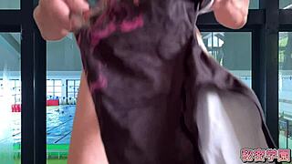 i’m a slut who cums in women’s swimsuits at swimming club, cross-dressing for secret classroom masturbation in tight ass play