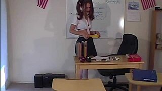 Victoria School Student Fucks Vibrator Hard! Stockings on Teacher’s Desk!