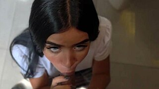 Professor sneaks into school bathroom with petite Latina student for quick action