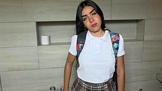 Professor sneaks into school bathroom with petite Latina student for quick action