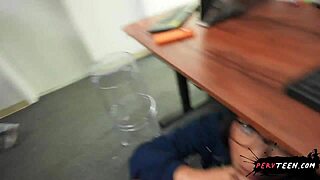 Sneaky blowjob under classroom table turns wild with PervTeen teen
