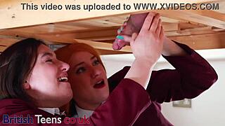 Two college students milk a guy's cock, oops, uniforms all messy with cum