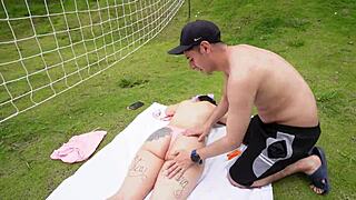 My friend puts sun spray on my ass and ends up hitting me hard - Lizi Love