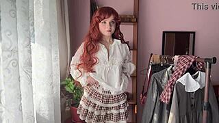 library girl in lingerie with cute redhead tits