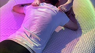 I see sexy tattooed teen 18+ slut tease and blowjob in panties, then spit and fuck wet pussy