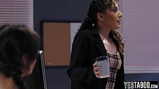 latina milf teacher interacts with two teen students in classroom