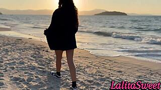 Latina Teases on Beach Showing Tight Pussy for Cum Inside