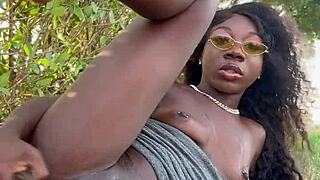 Lola black plays with her pussy outside in homemade setting, cute sexy amateurs girlfriend toes.