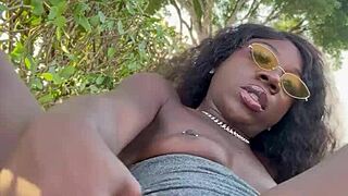 Lola black plays with her pussy outside in homemade setting, cute sexy amateurs girlfriend toes.