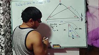 Asian student calculates x in sexual math triangle with teacher