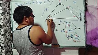 Asian student calculates x in sexual math triangle with teacher