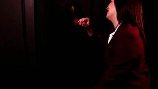 student sucks cock at gloryhole, first time orgasm with cum covered stockings