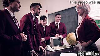 Horny students gangbang the huge tits BBW mature teacher in the classroom