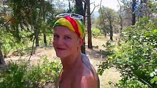 Bisexual couple fucks stranger in forest, juicy public park encounter