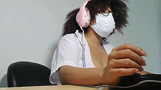 beautiful student gets excited singing while doing homework