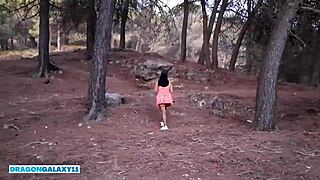 Public outdoor creampie, stranger fucks her in the forest