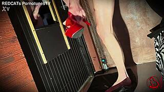 Red High Heel Horny Slut Gets Her Mature Perky Tits Covered with Cum!