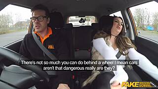 Slutty ex-con with big tits takes control of her teacher in fake driving school, needy for cock