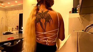 hot tattooed blonde in kitchen - 'want to see my meaty pussy and sexy ass?'