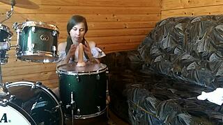 Teen, fuck your pussy with big dildo on drumset?