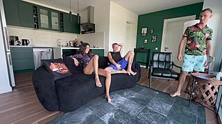 Gangbang whore serves three big-dicked guys with pussy and ass at once