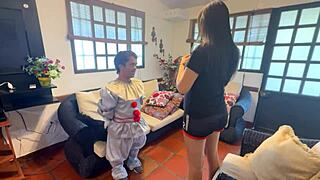 small clown begs for fuck in abandoned cabin